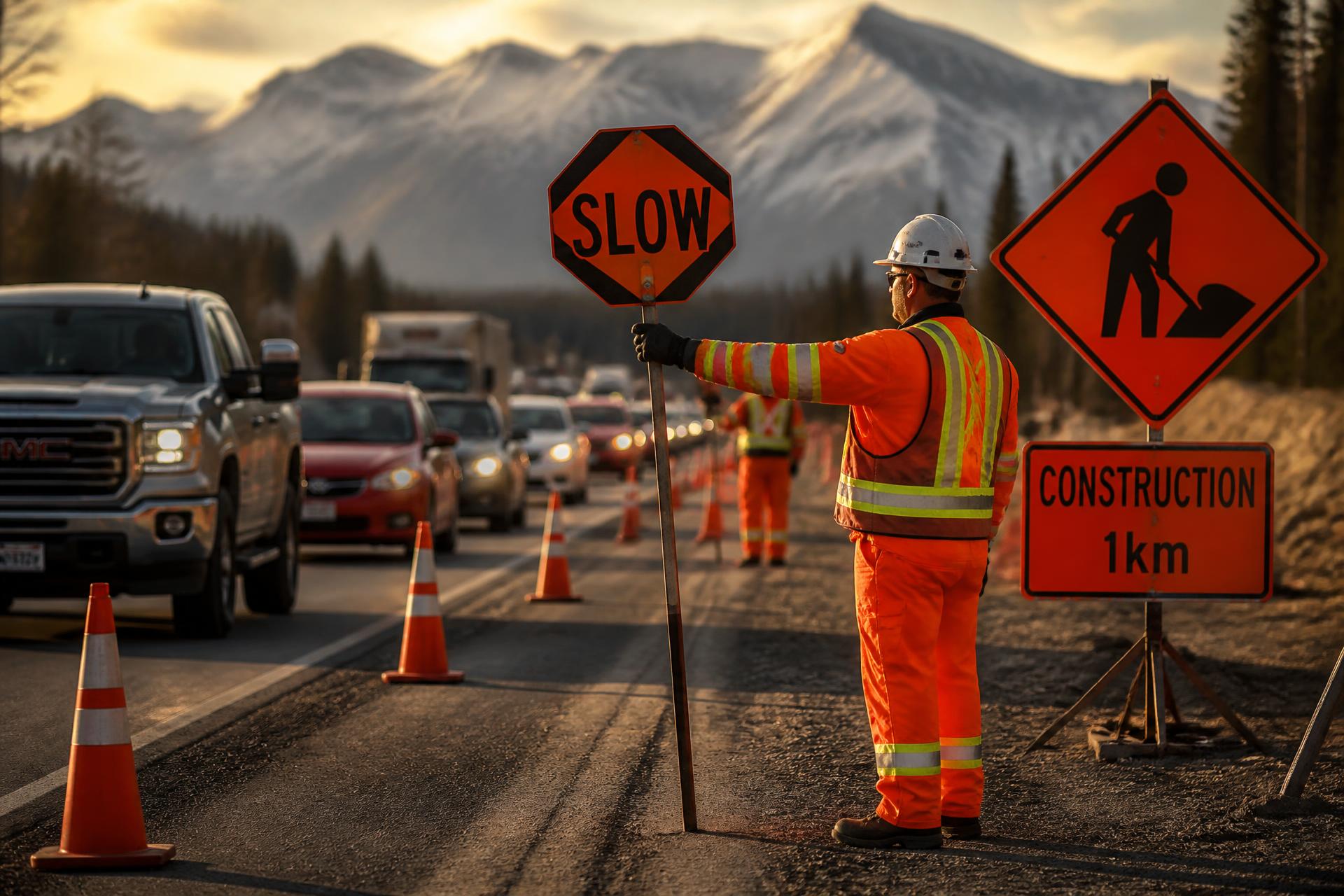 Traffic control person directing highway traffic